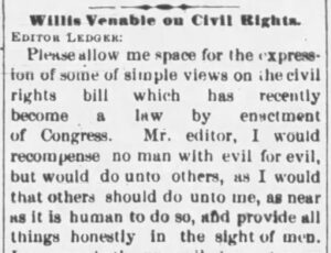 Newspaper clipping showing Willis Venable writing about the Civil Rights bill in the Noblesville Ledger from May 26, 1875