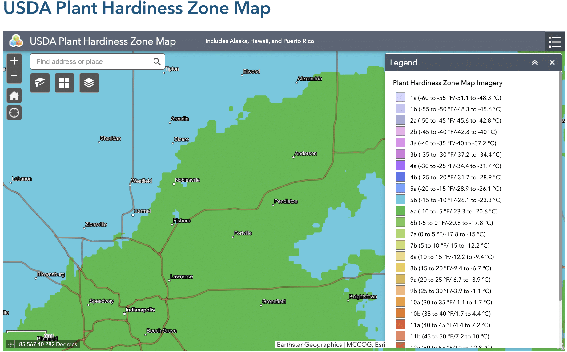 USDA Plant Hardiness Zone Map depicting Fishers and Noblesville in zone 5b/6a